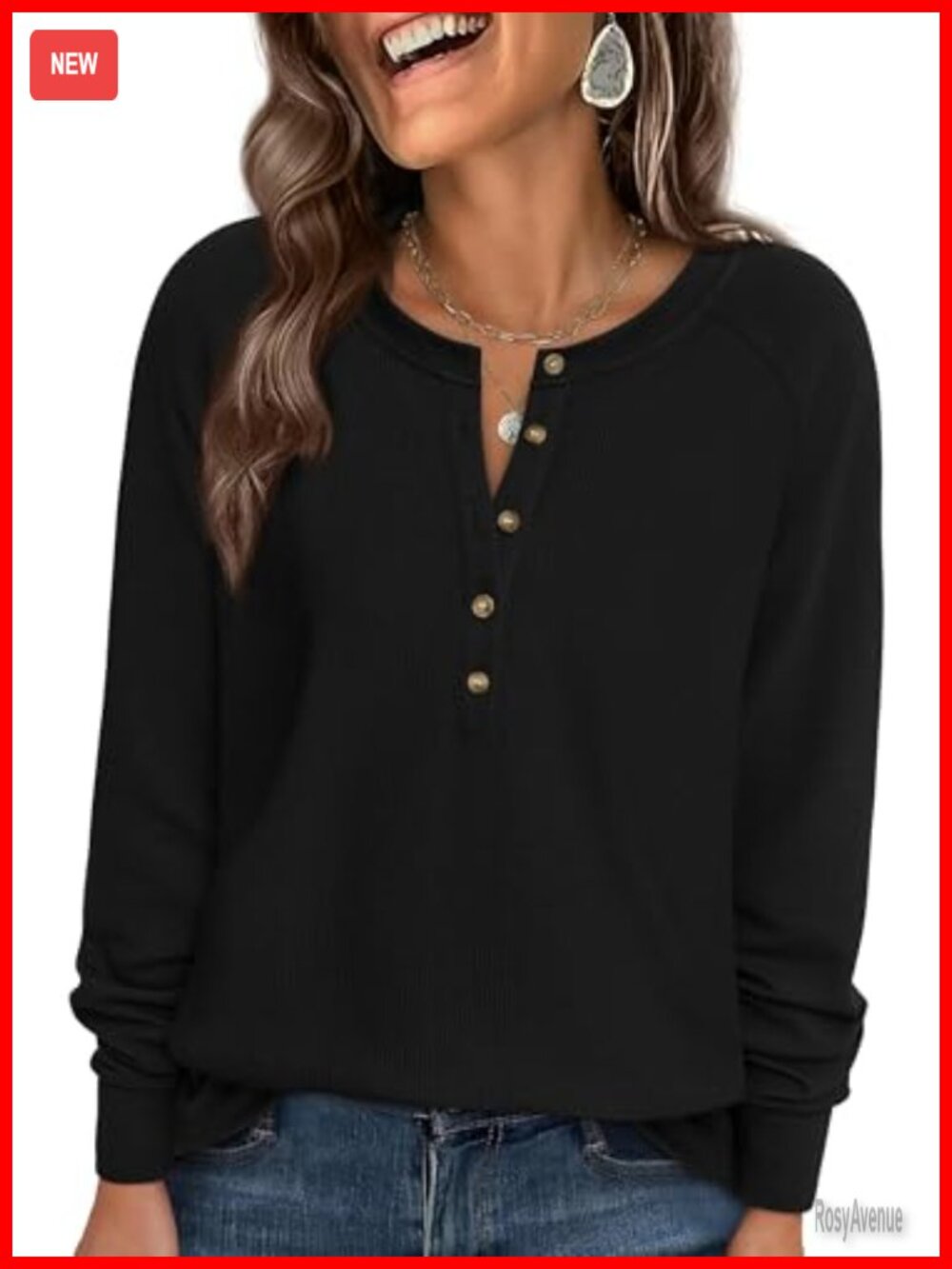 Waffle Knit Long Sleeve Henley Tunic Top Relaxed Fit